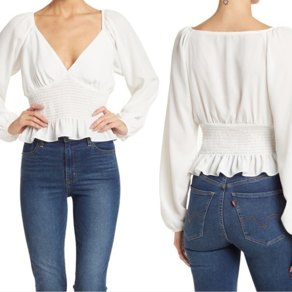 Wayf Smocked Waist V - Neck Puff Sleeve Raglan Top In White